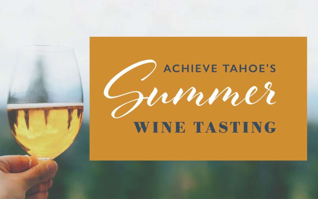 A hand holding a white wine glass and Achive Summer tahoe's logo